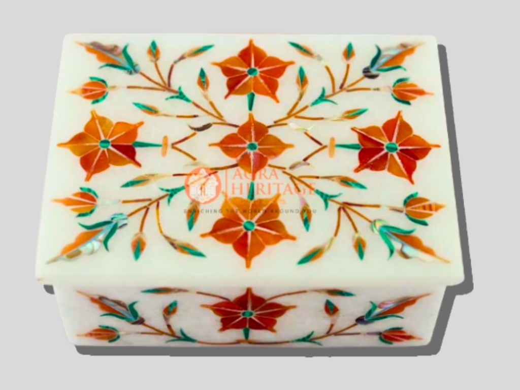 Marble Jewelry Box Carnelian Marquetry Floral Interior